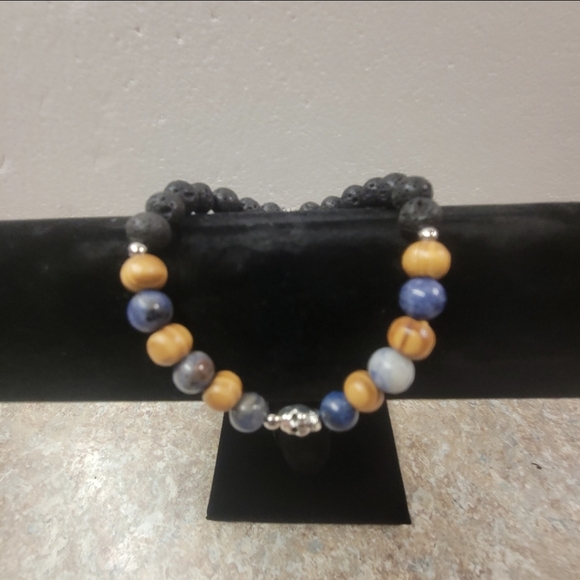 Men's Black Lava, Blue, and Wooden Beaded Stretch Bracelet with Skeleton - Picture 2 of 8